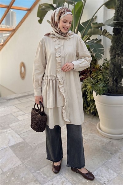 Fırfırlı Patlı Bej Tunik