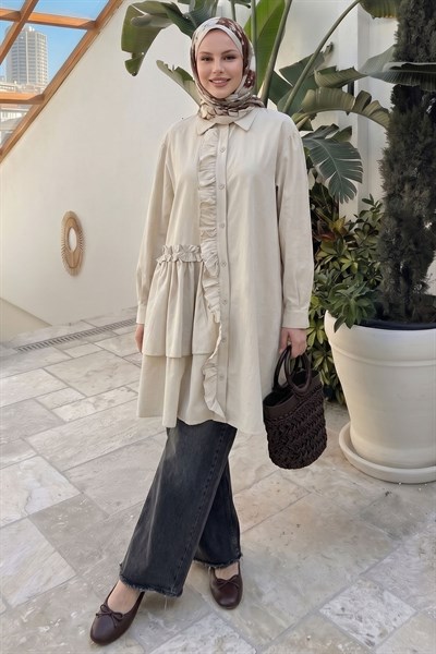 Fırfırlı Patlı Bej Tunik