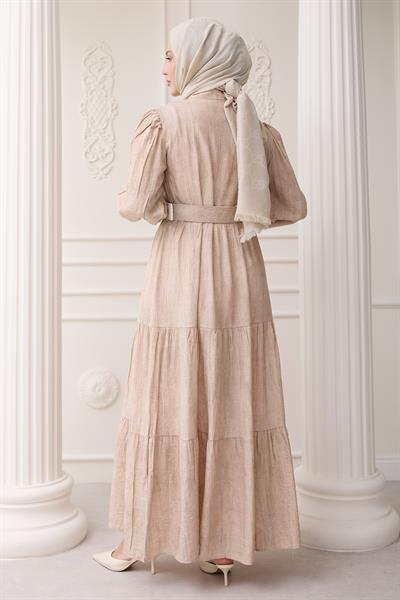 Fırfırlı Patlı Bej Viskon Elbise