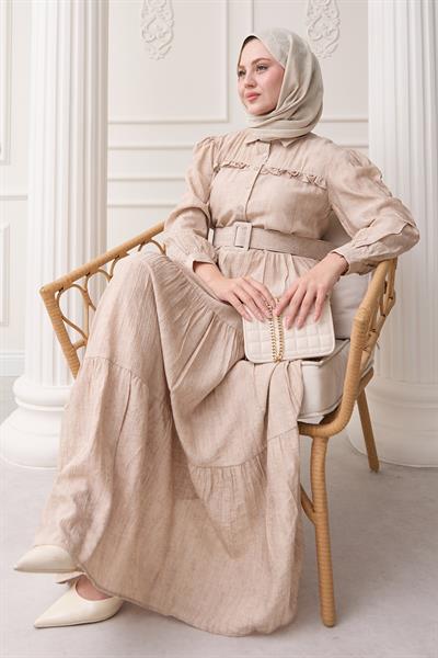 Fırfırlı Patlı Bej Viskon Elbise