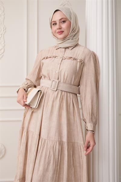 Fırfırlı Patlı Bej Viskon Elbise