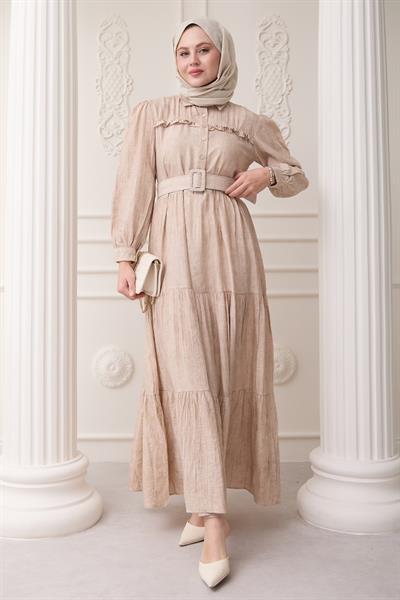 Fırfırlı Patlı Bej Viskon Elbise