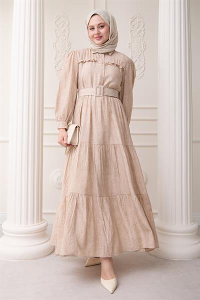 Fırfırlı Patlı Bej Viskon Elbise