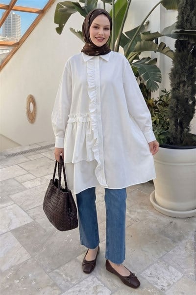 Fırfırlı Patlı Beyaz Tunik