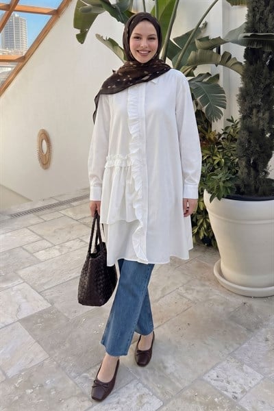 Fırfırlı Patlı Beyaz Tunik