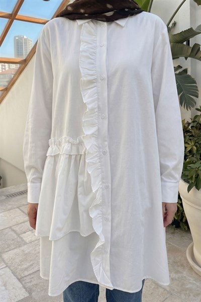 Fırfırlı Patlı Beyaz Tunik