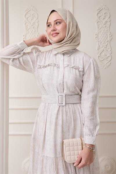 Fırfırlı Patlı Ekru Viskon Elbise