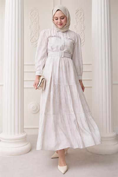 Fırfırlı Patlı Ekru Viskon Elbise