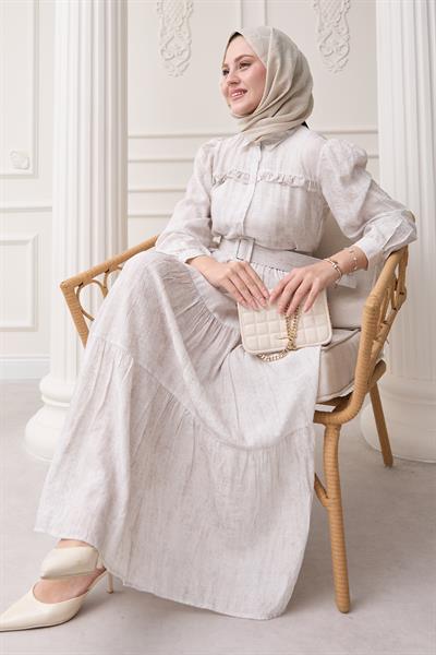 Fırfırlı Patlı Ekru Viskon Elbise