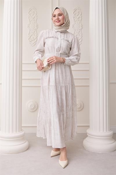 Fırfırlı Patlı Ekru Viskon Elbise