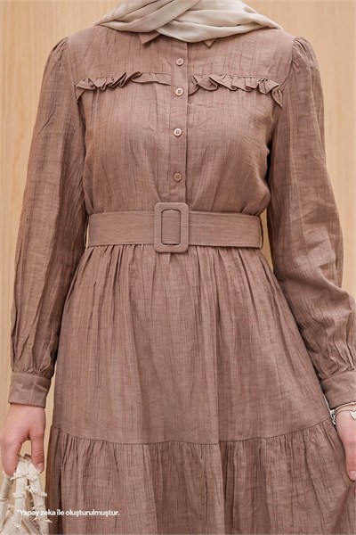 Fırfırlı Patlı Kahverengi Çilek Elbise