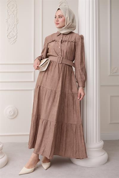 Fırfırlı Patlı Kahverengi Viskon Elbise
