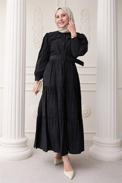 Fırfırlı Patlı Siyah Viskon Elbise