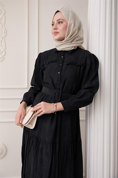 Fırfırlı Patlı Siyah Viskon Elbise