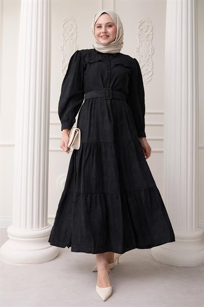 Fırfırlı Patlı Siyah Viskon Elbise