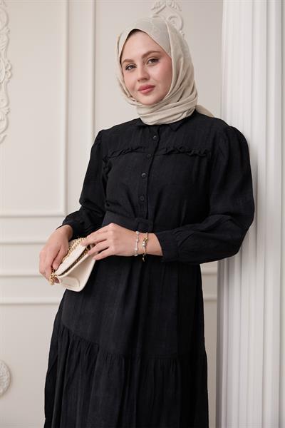 Fırfırlı Patlı Siyah Viskon Elbise