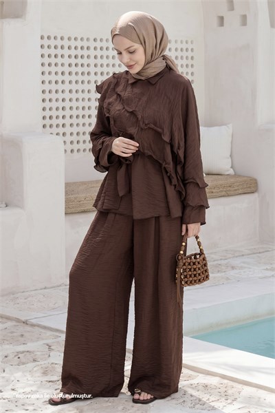Fırfırlı Şal Yaka Kahverengi Takım