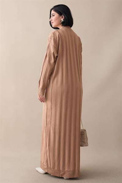 Fitilli Düz Kol Uzun Camel Triko Elbise
