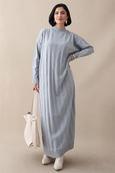 Fitilli Düz Kol Uzun Gri Triko Elbise