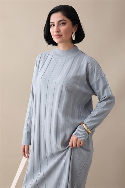 Fitilli Düz Kol Uzun Gri Triko Elbise