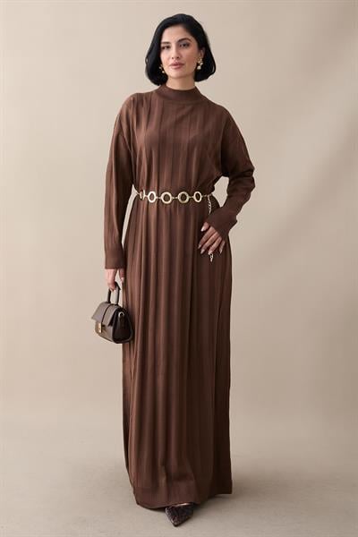 Fitilli Düz Kol Uzun Kahverengi Triko Elbise