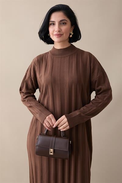 Fitilli Düz Kol Uzun Kahverengi Triko Elbise
