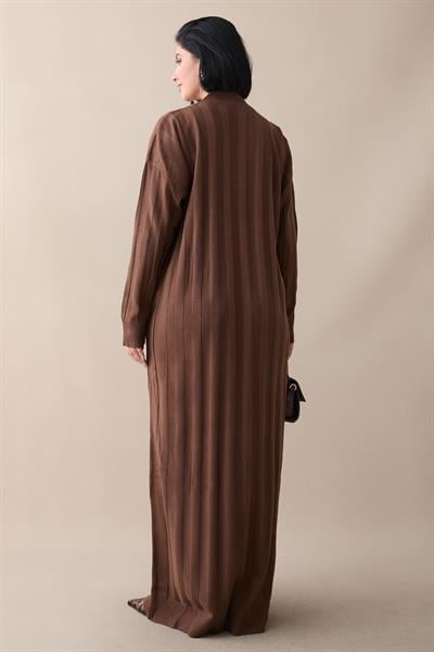 Fitilli Düz Kol Uzun Kahverengi Triko Elbise