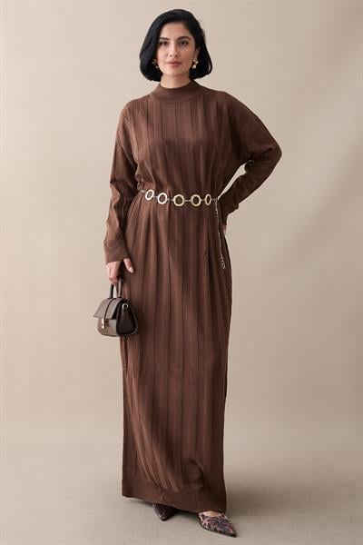 Fitilli Düz Kol Uzun Kahverengi Triko Elbise