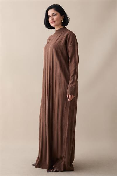 Fitilli Düz Kol Uzun Kahverengi Triko Elbise