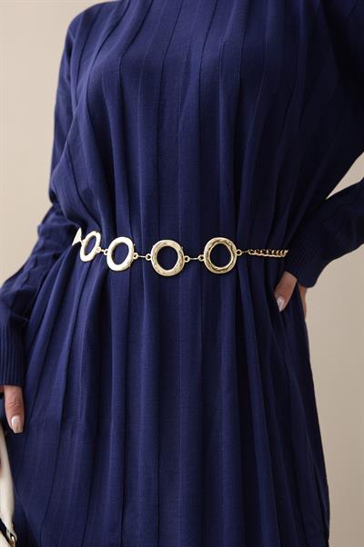 Fitilli Düz Kol Uzun Lacivert Triko Elbise