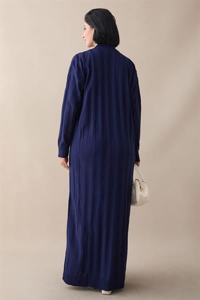 Fitilli Düz Kol Uzun Lacivert Triko Elbise