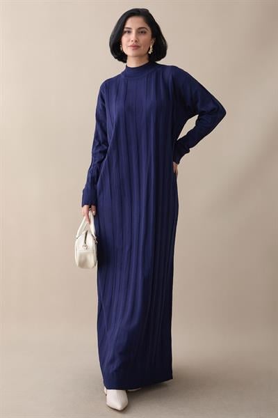 Fitilli Düz Kol Uzun Lacivert Triko Elbise