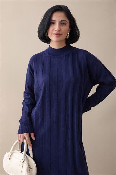 Fitilli Düz Kol Uzun Lacivert Triko Elbise