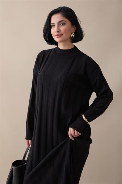 Fitilli Düz Kol Uzun Siyah Triko Elbise
