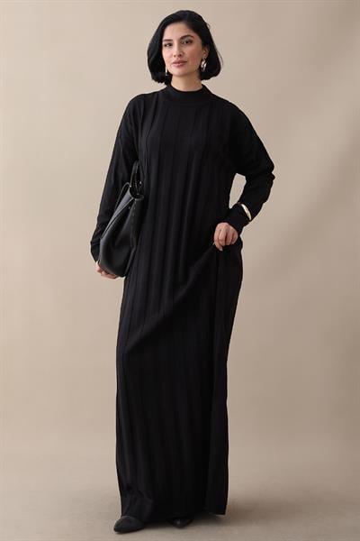 Fitilli Düz Kol Uzun Siyah Triko Elbise