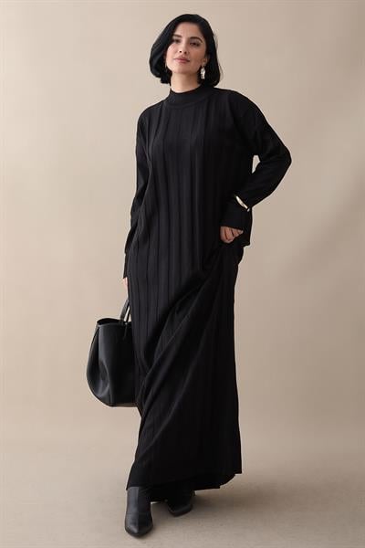 Fitilli Düz Kol Uzun Siyah Triko Elbise