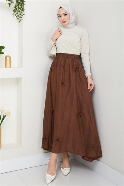 Fiyonk Detay Beli Lastikli Acı Kahve Etek