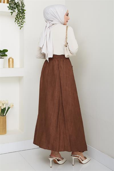 Fiyonk Detay Beli Lastikli Acı Kahve Etek