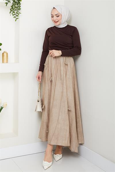 Fiyonk Detay Beli Lastikli Bej Etek