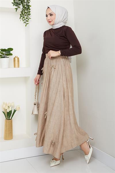 Fiyonk Detay Beli Lastikli Bej Etek