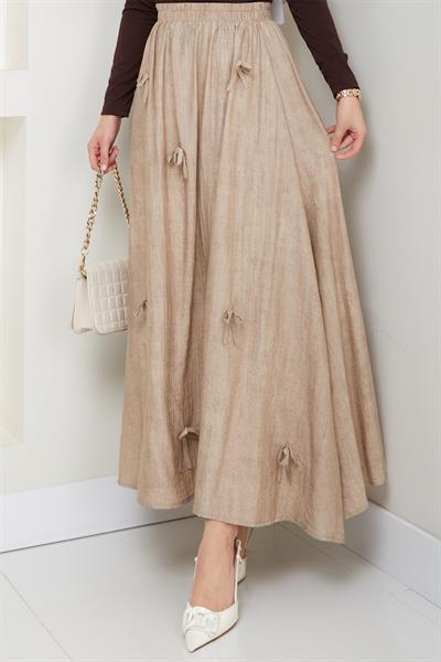 Fiyonk Detay Beli Lastikli Bej Etek