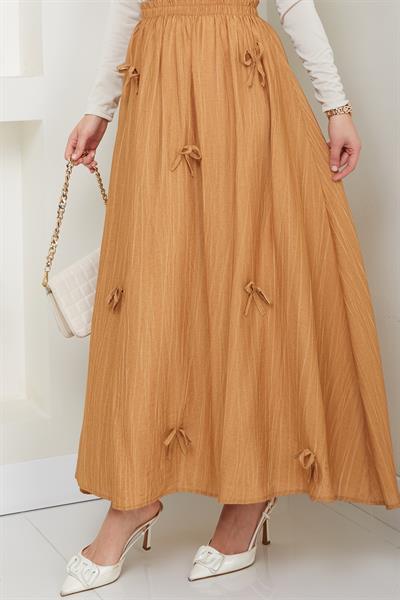 Fiyonk Detay Beli Lastikli Camel Etek