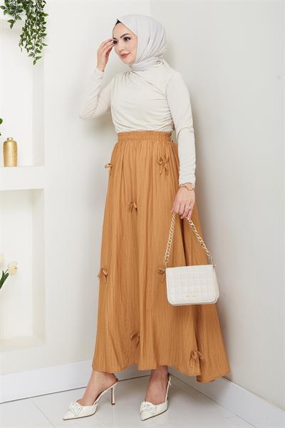 Fiyonk Detay Beli Lastikli Camel Etek