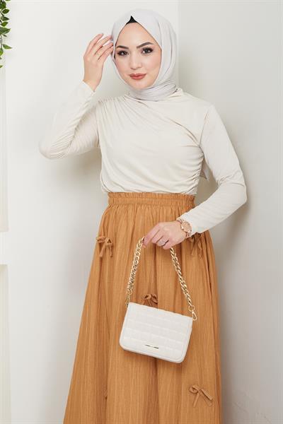 Fiyonk Detay Beli Lastikli Camel Etek