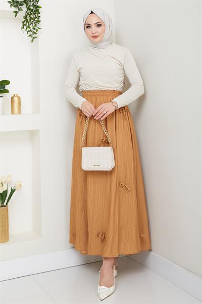 Fiyonk Detay Beli Lastikli Camel Etek