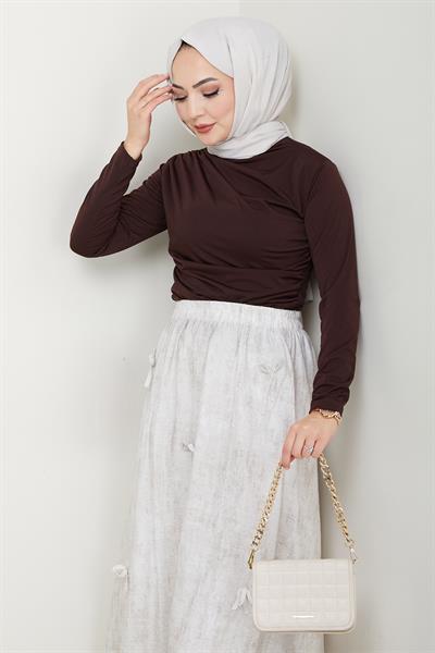 Fiyonk Detay Beli Lastikli Ekru Etek