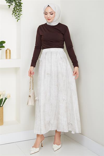 Fiyonk Detay Beli Lastikli Ekru Etek