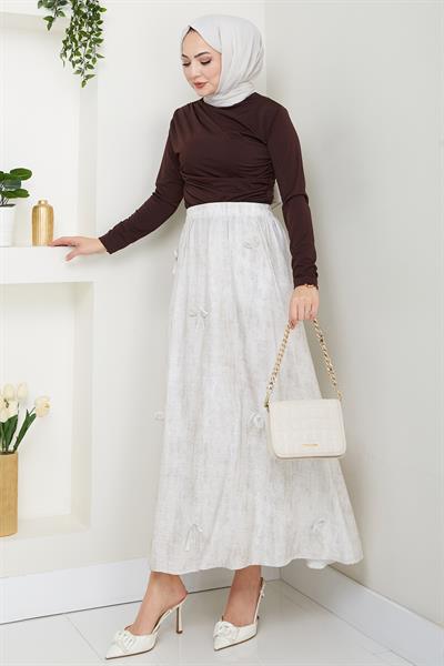 Fiyonk Detay Beli Lastikli Ekru Etek