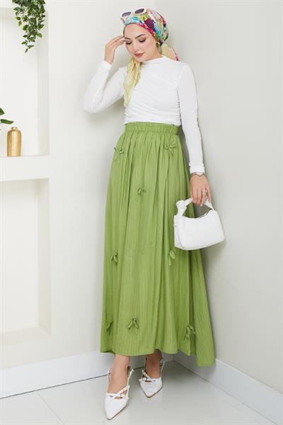 Fiyonk Detay Beli Lastikli Fıstık Yeşili Etek