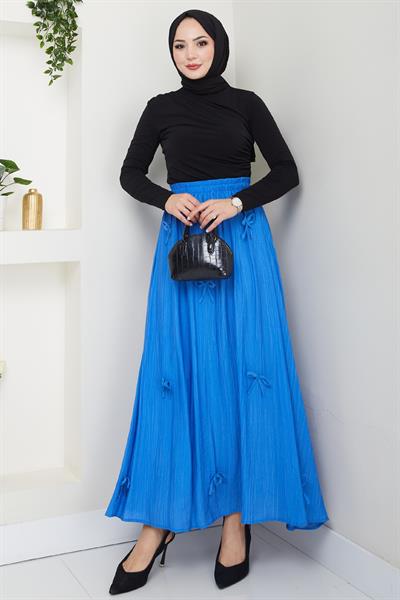 Fiyonk Detay Beli Lastikli Saks Mavisi Etek